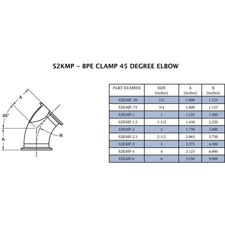 Steel & Obrien 2-1/2" BPE Tri-Clamp x Tri-Clamp 45 Deg. Elbow - 316SS SF1 S2KMP-2.5-PL-316